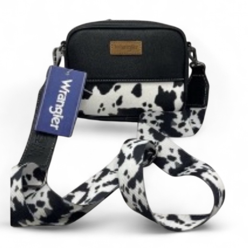 NEW WRANGLER Black White Cow
Print Bag Crossbody Vegan
Leather Logo Adjustable